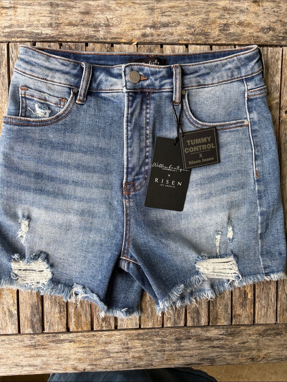 NWT Risen Tummy Control Distressed Denim Shorts Medium